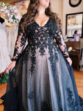 Elegant Black Long Prom Dress Long Sleeve A-line Lace Elegant Evening Gowns SLD005|Selinadress