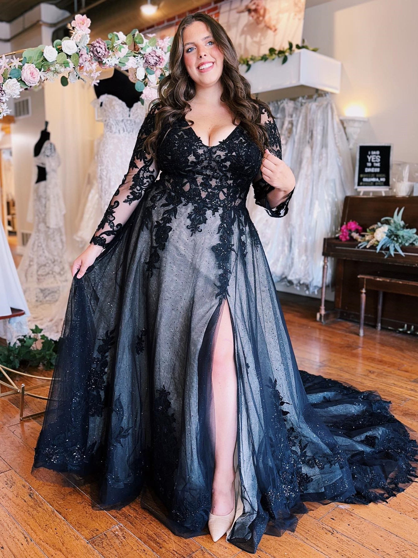 Elegant Black Long Prom Dress Long Sleeve A-line Lace Elegant Evening –  SELINADRESS