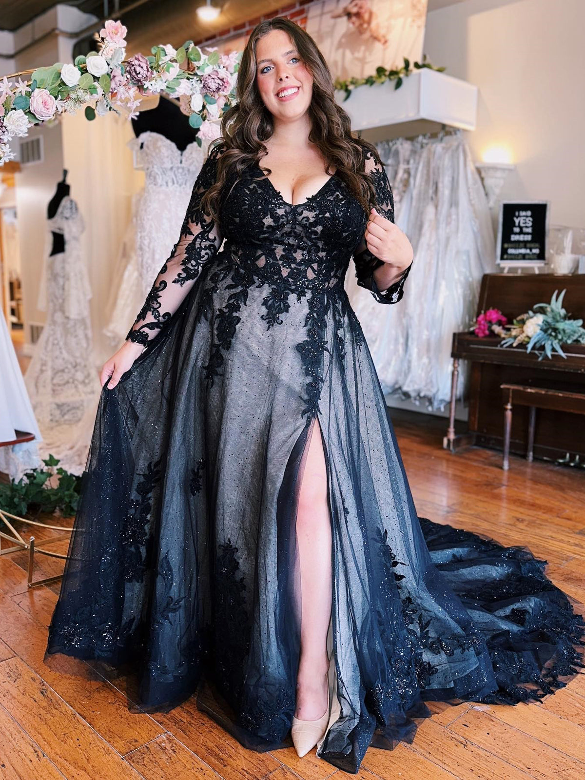Elegant Dark Navy Long Prom Dress Long Sleeve A-line Lace Elegant Even SELINADRESS Elegant Dark Navy Long Prom Dress Long Sleeve A-line Lace Elegant Even SELINADRESS
