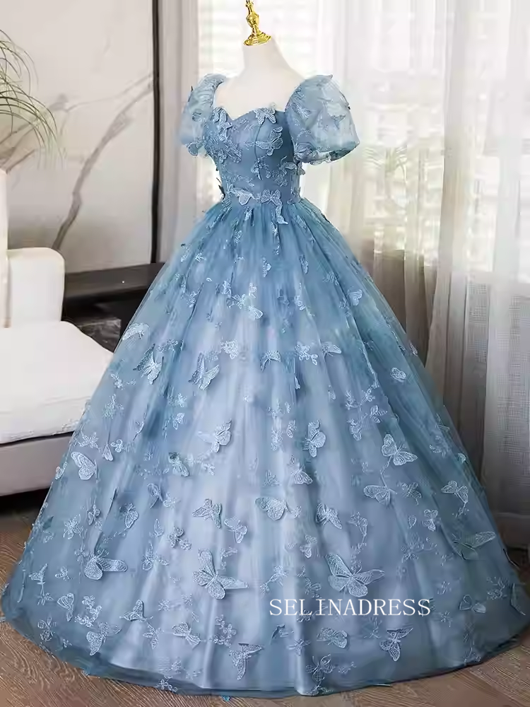light blue quince dress with butterflies Thigh Split Sky Blue Rustic Wedding Dresses Prom Dress Beach Wedding Gown with Court Train SE009|Selinadress – SELINADRESS