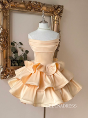 Elegant Champagne Off-Shoulder Mini Prom Dress with Tiered Ruffled Skirt‌ cok066|Selinadress