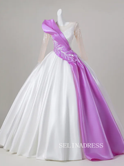 Elegant Ivory Beading Sequins Prom Dresses Scoop Neck Long Sleeve Backless Long Ball Gown LET015|Selinadress