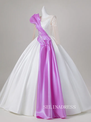 Elegant Ivory Beading Sequins Prom Dresses Scoop Neck Long Sleeve Backless Long Ball Gown LET015|Selinadress