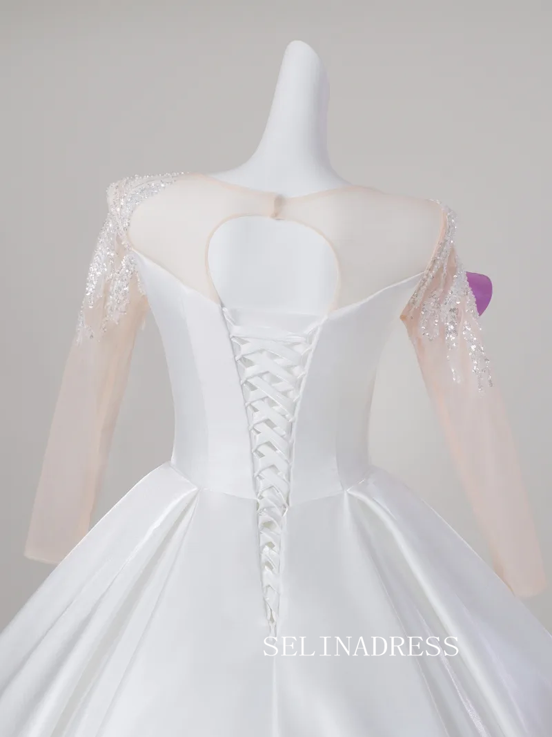 Elegant Ivory Beading Sequins Prom Dresses Scoop Neck Long Sleeve Backless Long Ball Gown LET015|Selinadress