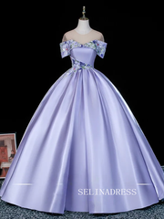 Elegant Lavender Beading Sequins Satin Prom Dresses Off-The-Shoulder Short Sleeve Backless Ball Gown LET011|Selinadress