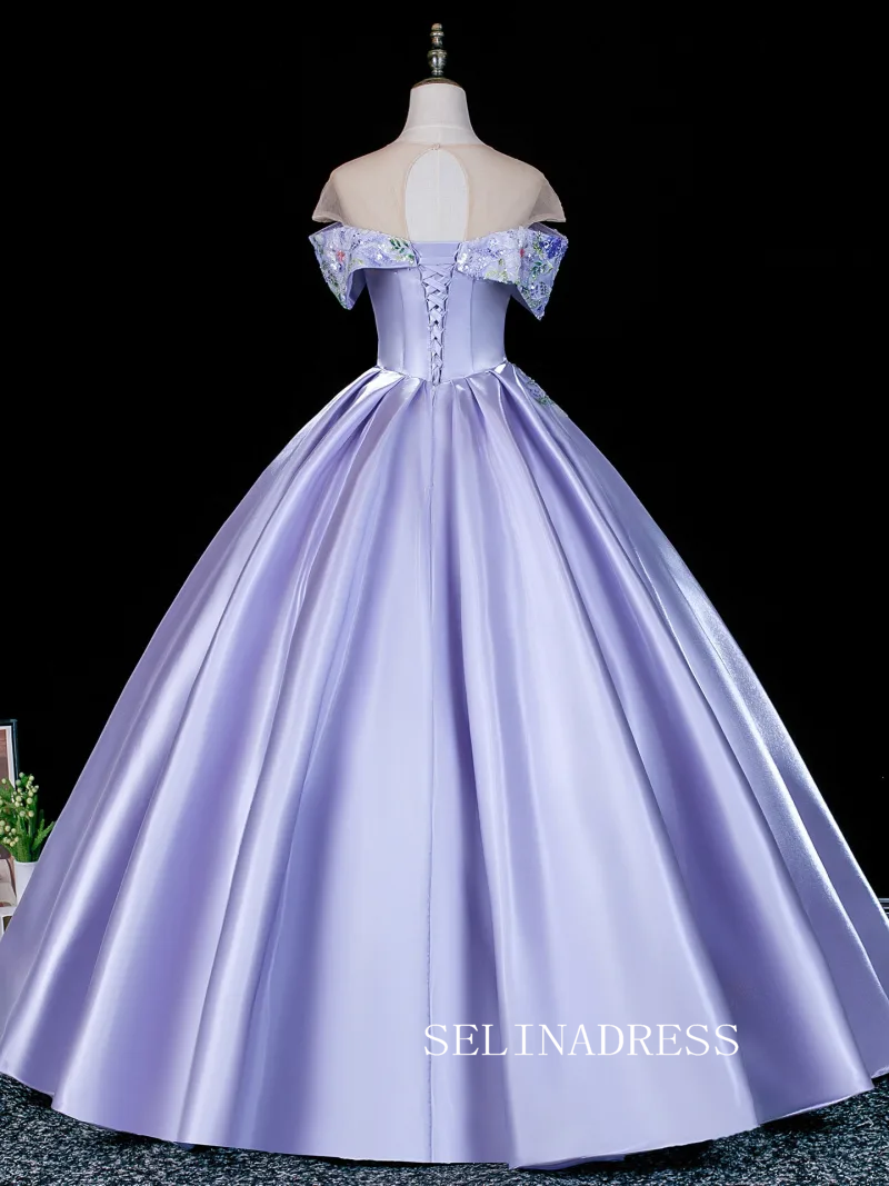 Elegant Lavender Beading Sequins Satin Prom Dresses Off-The-Shoulder Short Sleeve Backless Ball Gown LET011|Selinadress