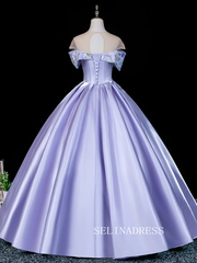 Elegant Lavender Beading Sequins Satin Prom Dresses Off-The-Shoulder Short Sleeve Backless Ball Gown LET011|Selinadress