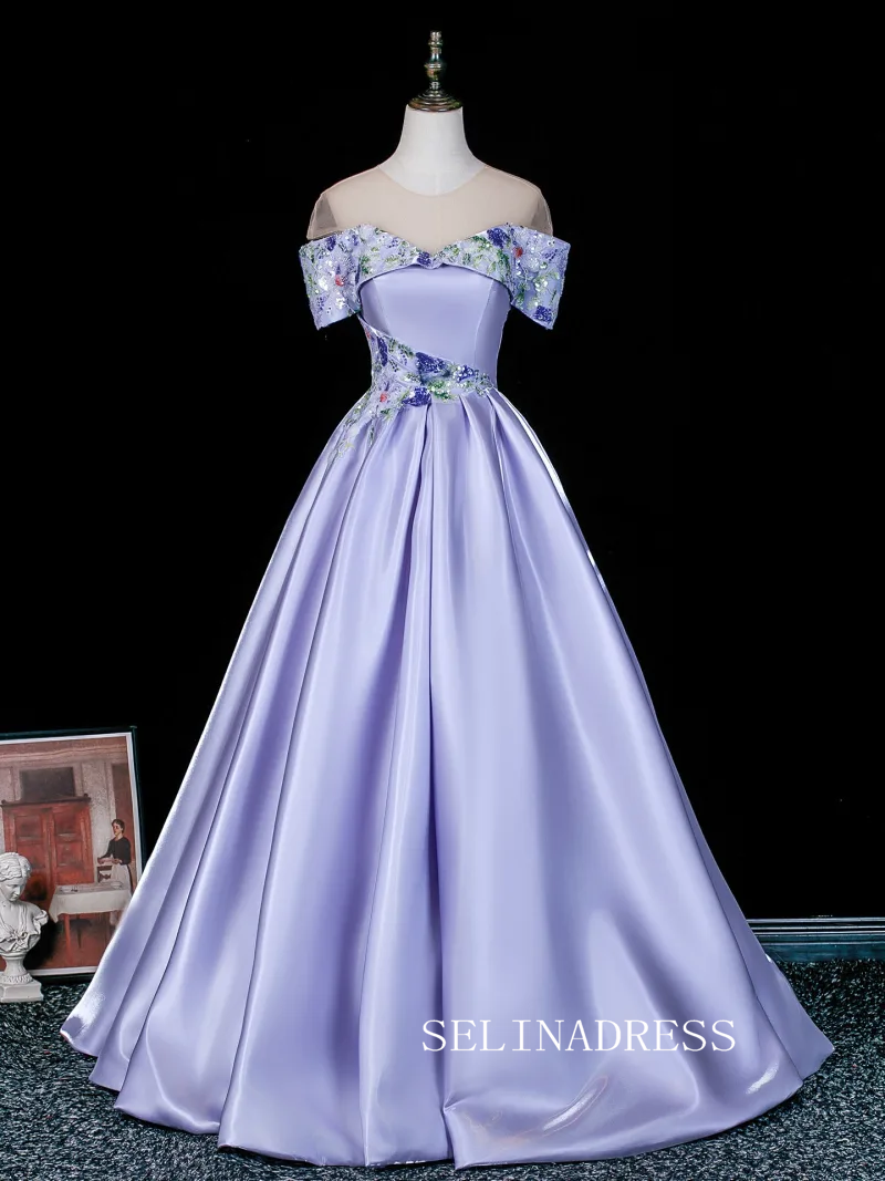 Elegant Lavender Beading Sequins Satin Prom Dresses Off-The-Shoulder Short Sleeve Backless Ball Gown LET011|Selinadress