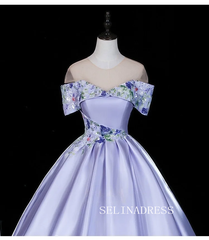 Elegant Lavender Beading Sequins Satin Prom Dresses Off-The-Shoulder Short Sleeve Backless Ball Gown LET011|Selinadress