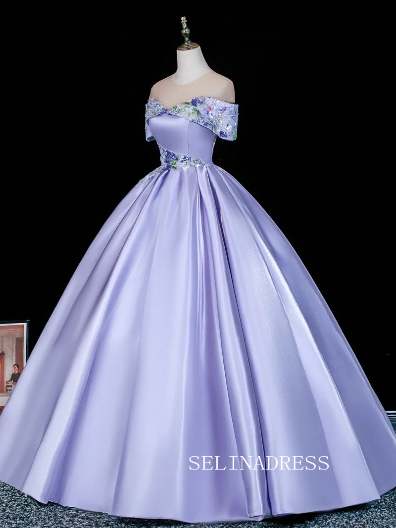 Elegant Lavender Beading Sequins Satin Prom Dresses Off-The-Shoulder Short Sleeve Backless Ball Gown LET011|Selinadress