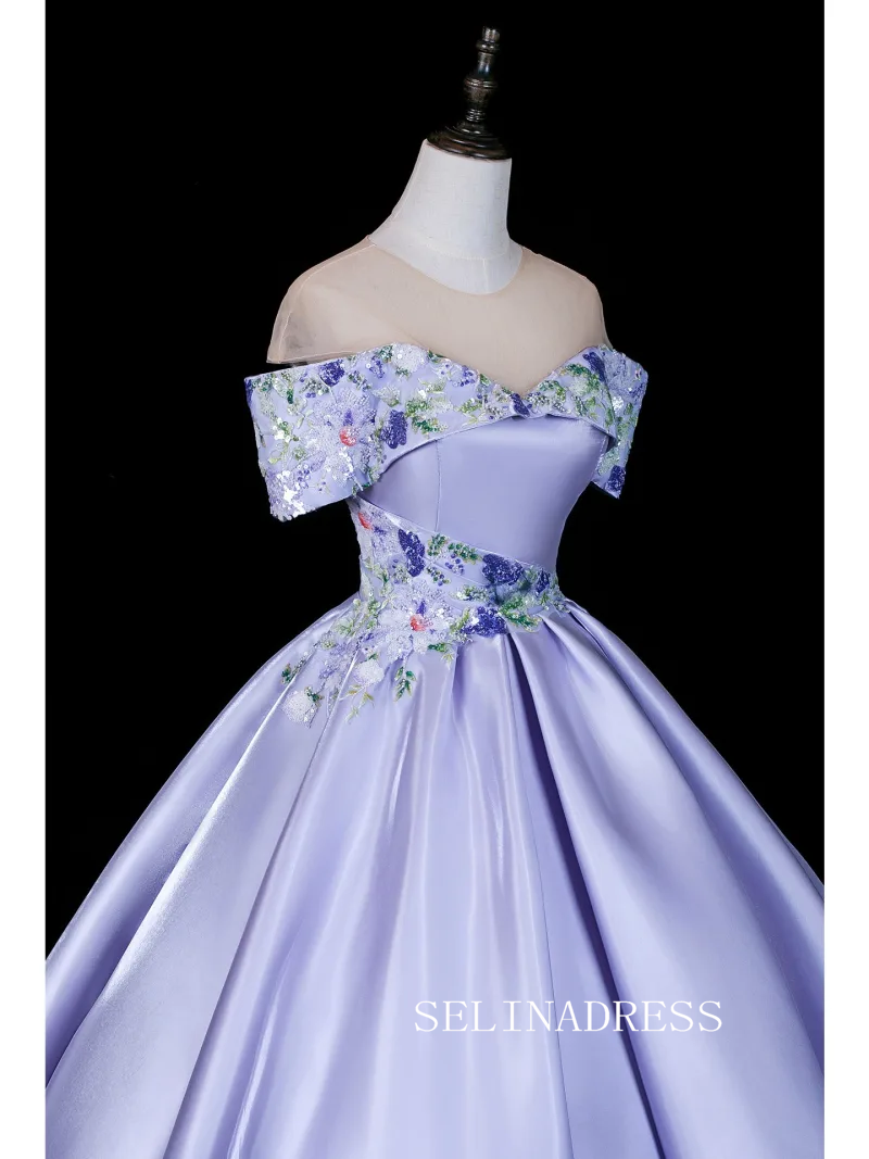 Elegant Lavender Beading Sequins Satin Prom Dresses Off-The-Shoulder Short Sleeve Backless Ball Gown LET011|Selinadress