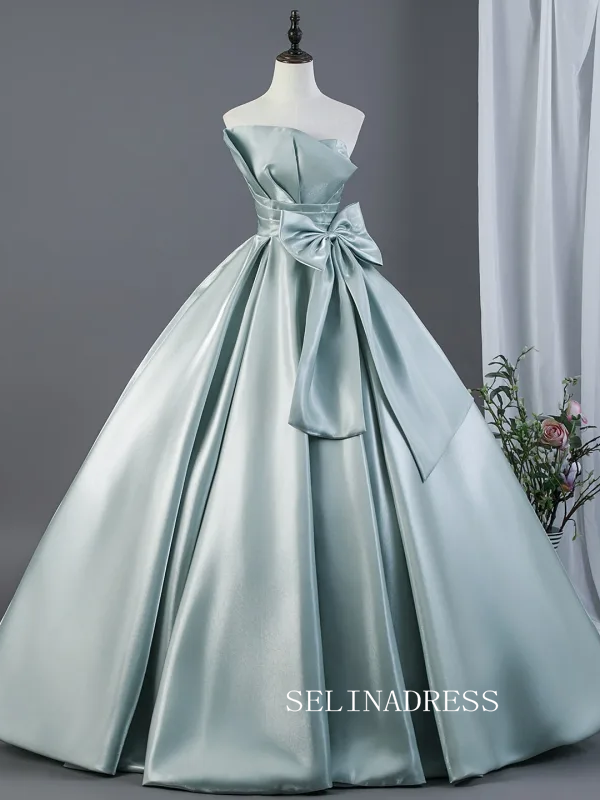 Elegant Mint Green Satin Prom Dresses Bow Off-The-Shoulder Short Sleeve Backless Ball Gown LET023|Selinadress