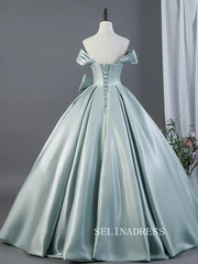 Elegant Mint Green Satin Prom Dresses Bow Off-The-Shoulder Short Sleeve Backless Ball Gown LET023|Selinadress