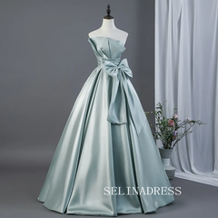 Elegant Mint Green Satin Prom Dresses Bow Off-The-Shoulder Short Sleeve Backless Ball Gown LET023|Selinadress