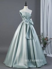 Elegant Mint Green Satin Prom Dresses Bow Off-The-Shoulder Short Sleeve Backless Ball Gown LET023|Selinadress