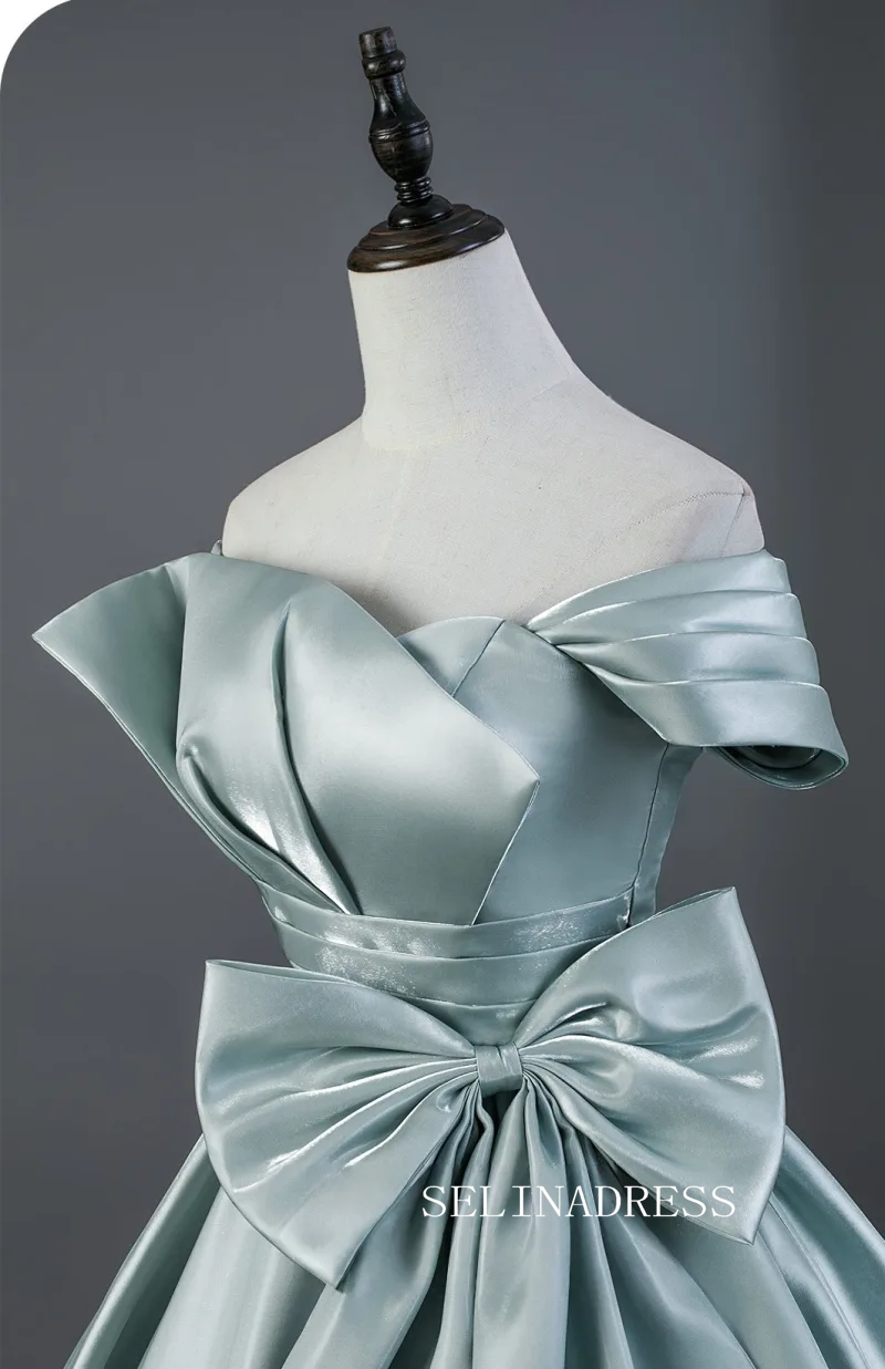 Elegant Mint Green Satin Prom Dresses Bow Off-The-Shoulder Short Sleeve Backless Ball Gown LET023|Selinadress