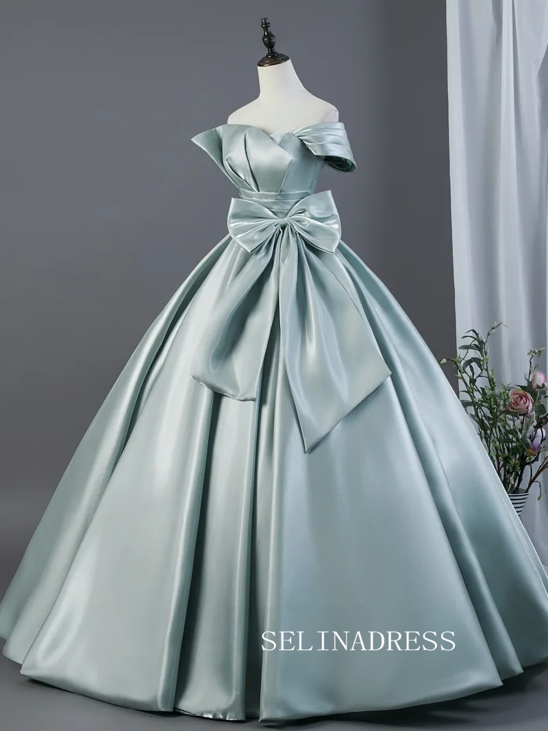 Elegant Mint Green Satin Prom Dresses Bow Off-The-Shoulder Short Sleeve Backless Ball Gown LET023|Selinadress