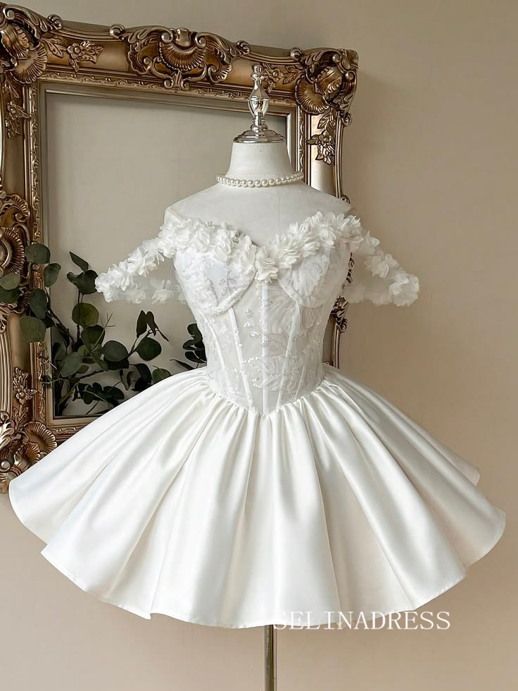 Elegant Off-the-Shoulder White Homecoming Dress with Floral Appliqués and Full Skirt cok061|Selinadress