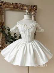 Elegant Off-the-Shoulder White Homecoming Dress with Floral Appliqués and Full Skirt cok061|Selinadress