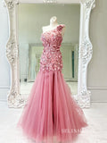 Elegant One Shoulder Applique Pink Tulle Mermaid Long Prom Dress lps013|Selinadress