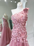Elegant One Shoulder Applique Pink Tulle Mermaid Long Prom Dress lps013|Selinadress