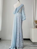 Elegant One Shoulder Long Sleeve Prom Dress Light Sky Blue Beaded Evening Dress Formal Gown FUE011|Selinadress