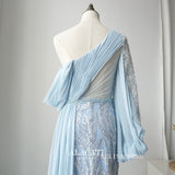 Elegant One Shoulder Long Sleeve Prom Dress Light Sky Blue Beaded Evening Dress Formal Gown FUE011|Selinadress