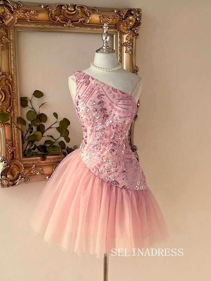 Elegant One-Shoulder Pink Tulle Ball Gown with Floral Sequined Bodice cok084|Selinadress