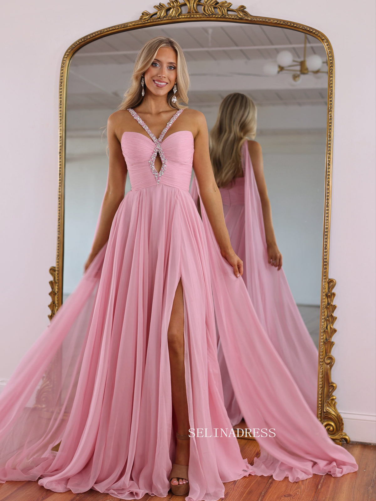 Elegant Pink One-Shoulder Evening Gown with Crystal Embellishments and High Slit COK037|Selinadress