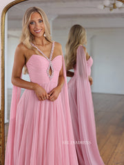 Elegant Pink One-Shoulder Evening Gown with Crystal Embellishments and High Slit COK037|Selinadress