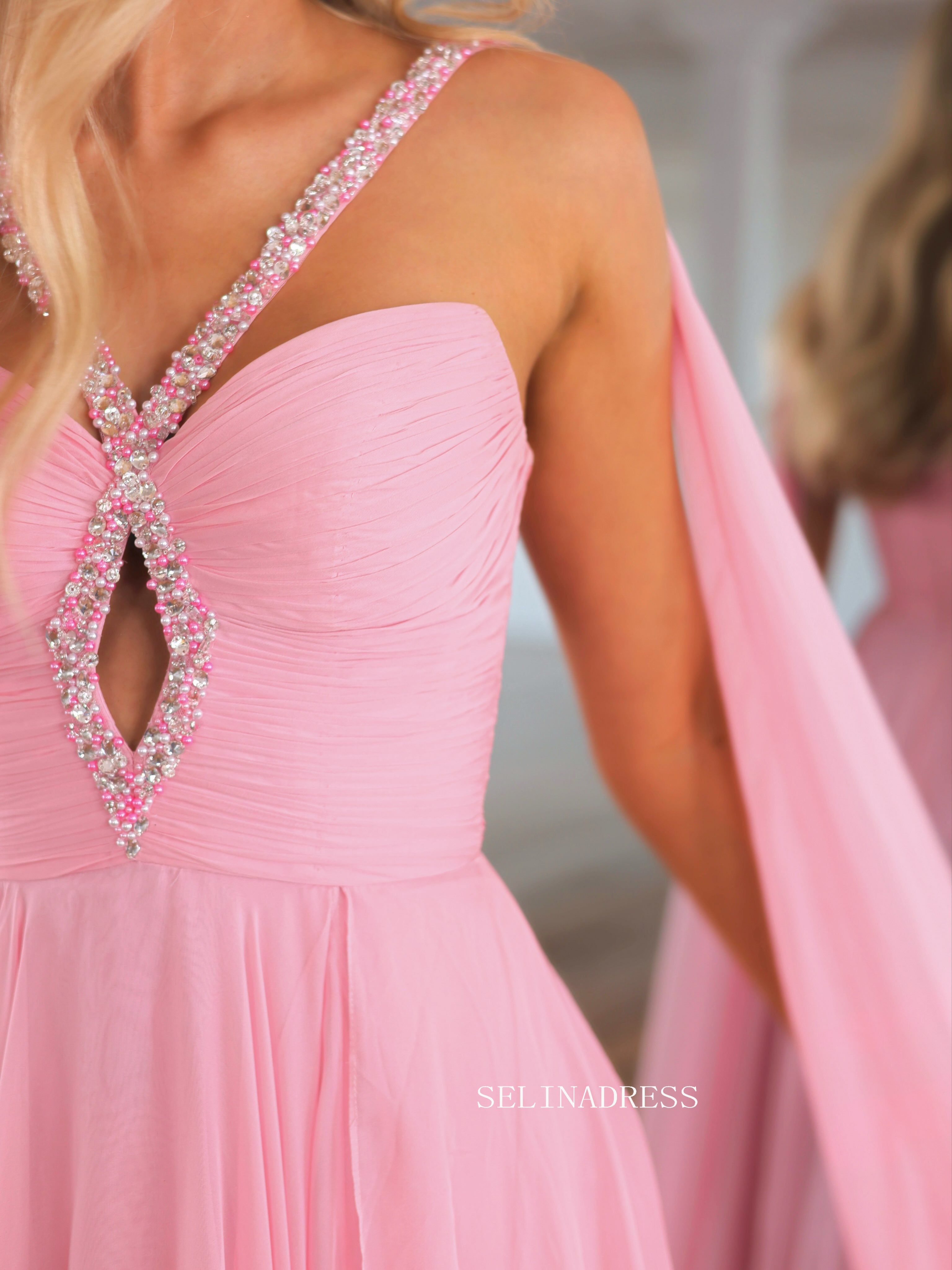 Elegant Pink One-Shoulder Evening Gown with Crystal Embellishments and High Slit COK037|Selinadress