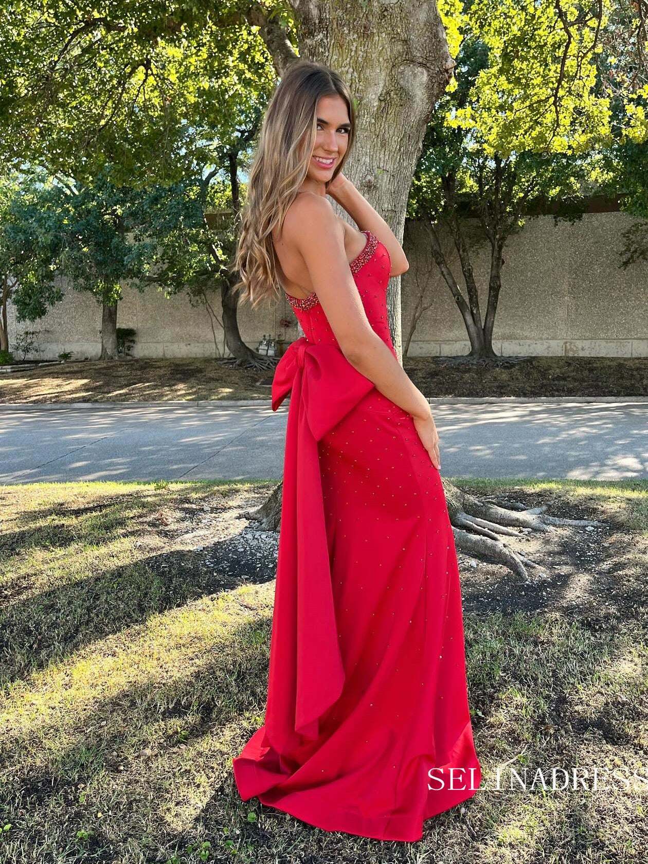 Elegant Red Strapless Long Prom Dress With Bow Mermaid Evening Dress W SELINADRESS Elegant Red Strapless Long Prom Dress With Bow Mermaid Evening Dress W SELINADRESS