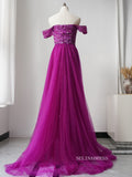 Elegant Sheath/Column Long Prom Dress Tulle Beaded Long Evening Dress Formal Gown FUE014|Selinadress