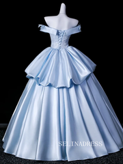 Elegant Sky Blue Bow Sequins Lace Flower Prom Dresses Ball Gown Satin Backless Ball Gown LET017|Selinadress