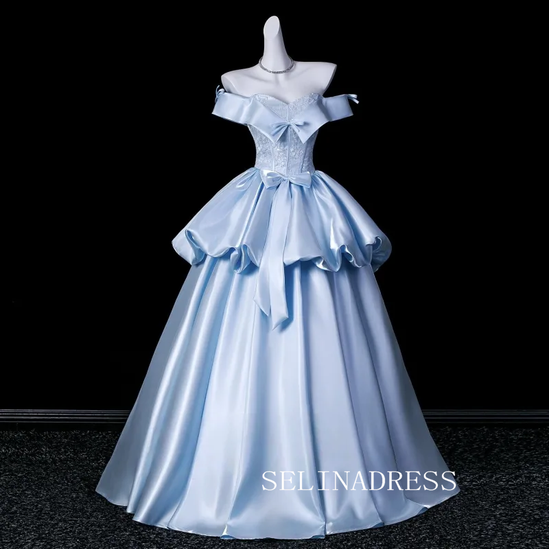 Elegant Sky Blue Bow Sequins Lace Flower Prom Dresses Ball Gown Satin Backless Ball Gown LET017|Selinadress
