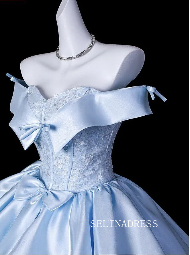 Elegant Sky Blue Bow Sequins Lace Flower Prom Dresses Ball Gown Satin Backless Ball Gown LET017|Selinadress