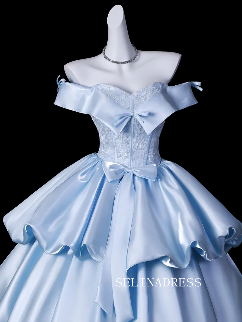 Elegant Sky Blue Bow Sequins Lace Flower Prom Dresses Ball Gown Satin Backless Ball Gown LET017|Selinadress