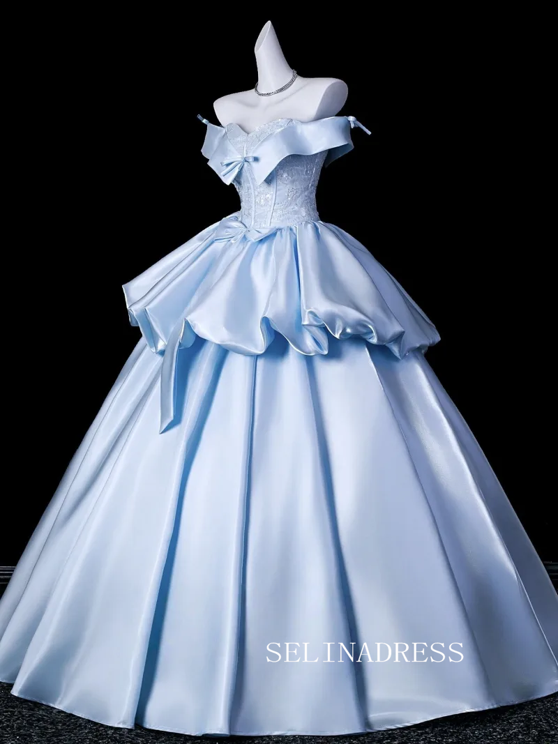 Elegant Sky Blue Bow Sequins Lace Flower Prom Dresses Ball Gown Satin Backless Ball Gown LET017|Selinadress
