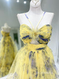 Elegant Spaghetti Straps Yellow Print Floral Long Prom Dress lps014|Selinadress