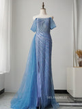 Elegant Strapless Blue Long Prom Dress Sparkly Beaded Long Evening Dress Formal Gown FUE013|Selinadress
