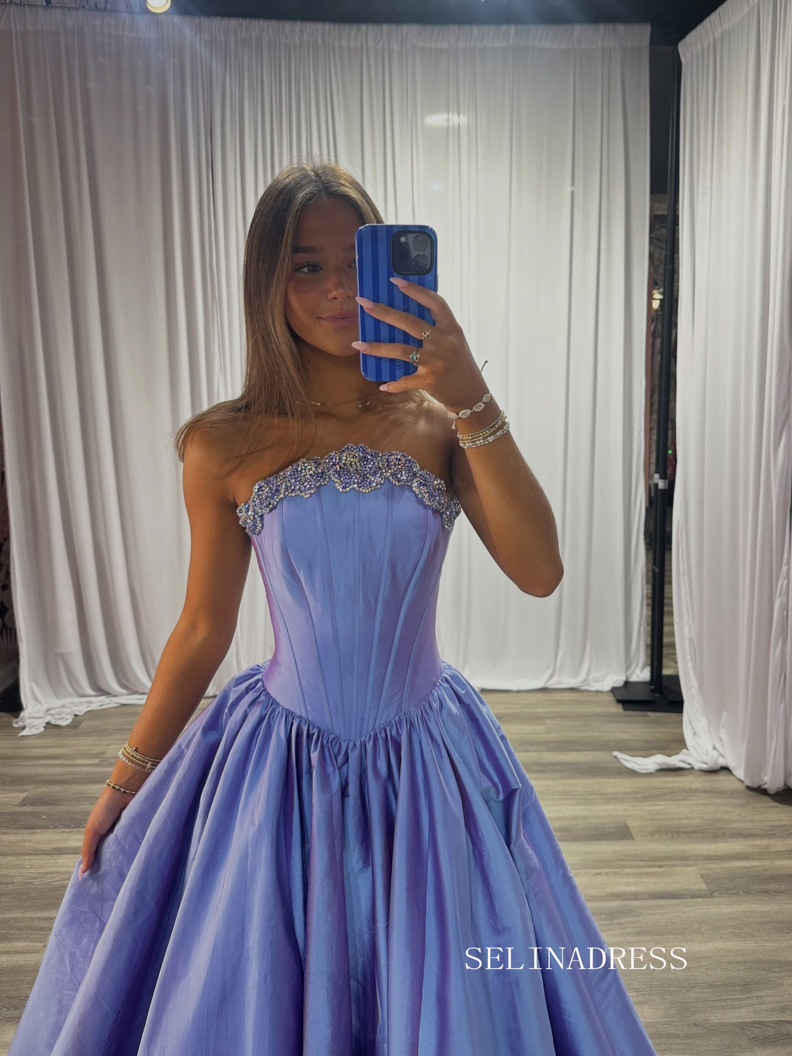 Elegant Strapless Lavender Ball Gown with Intricate Beaded Bodice COK040|Selinadress