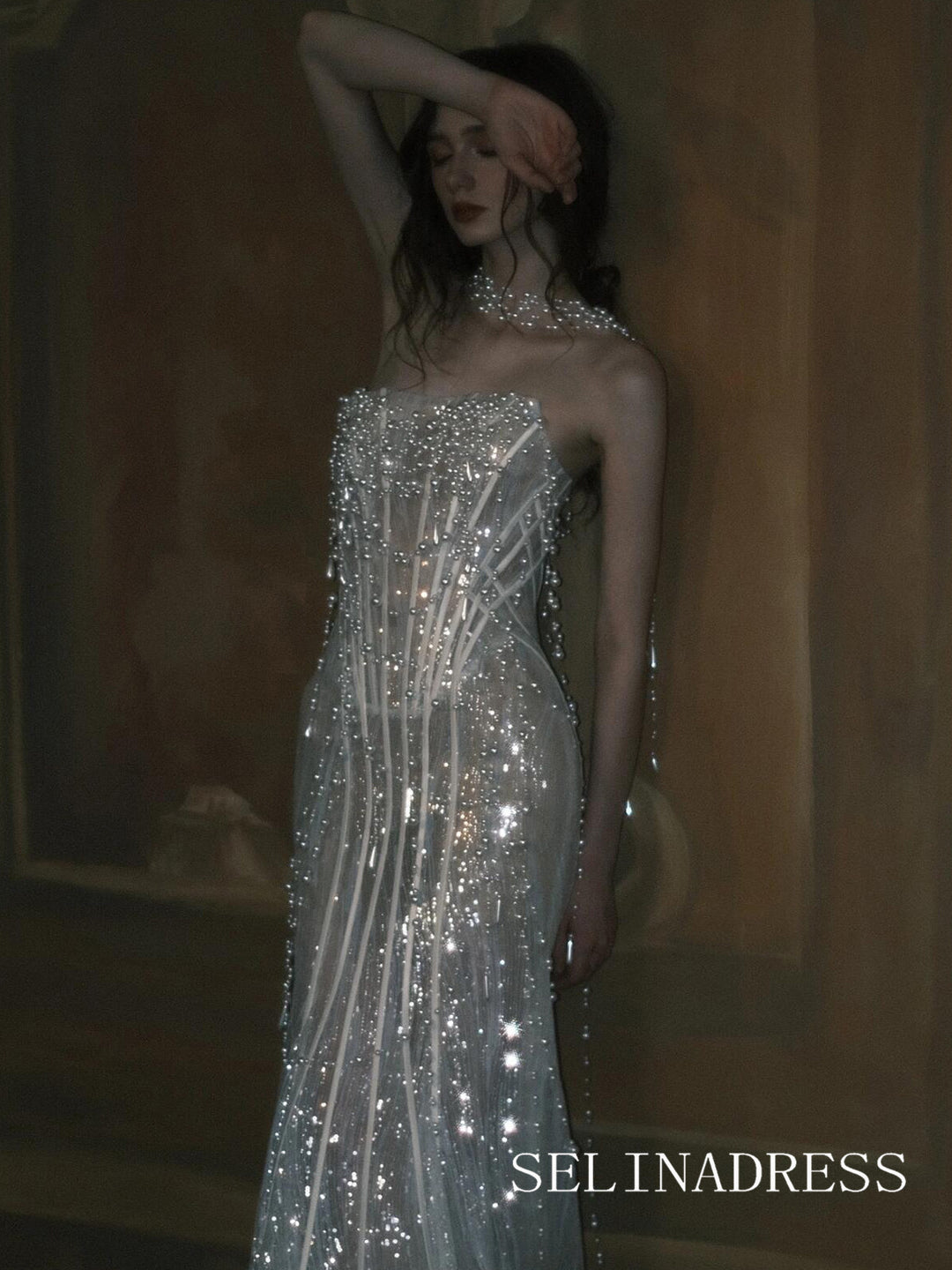 Elegant Strapless Sparkly Beaded Long Prom Dresses Evening Dresses YY009|Selinadress