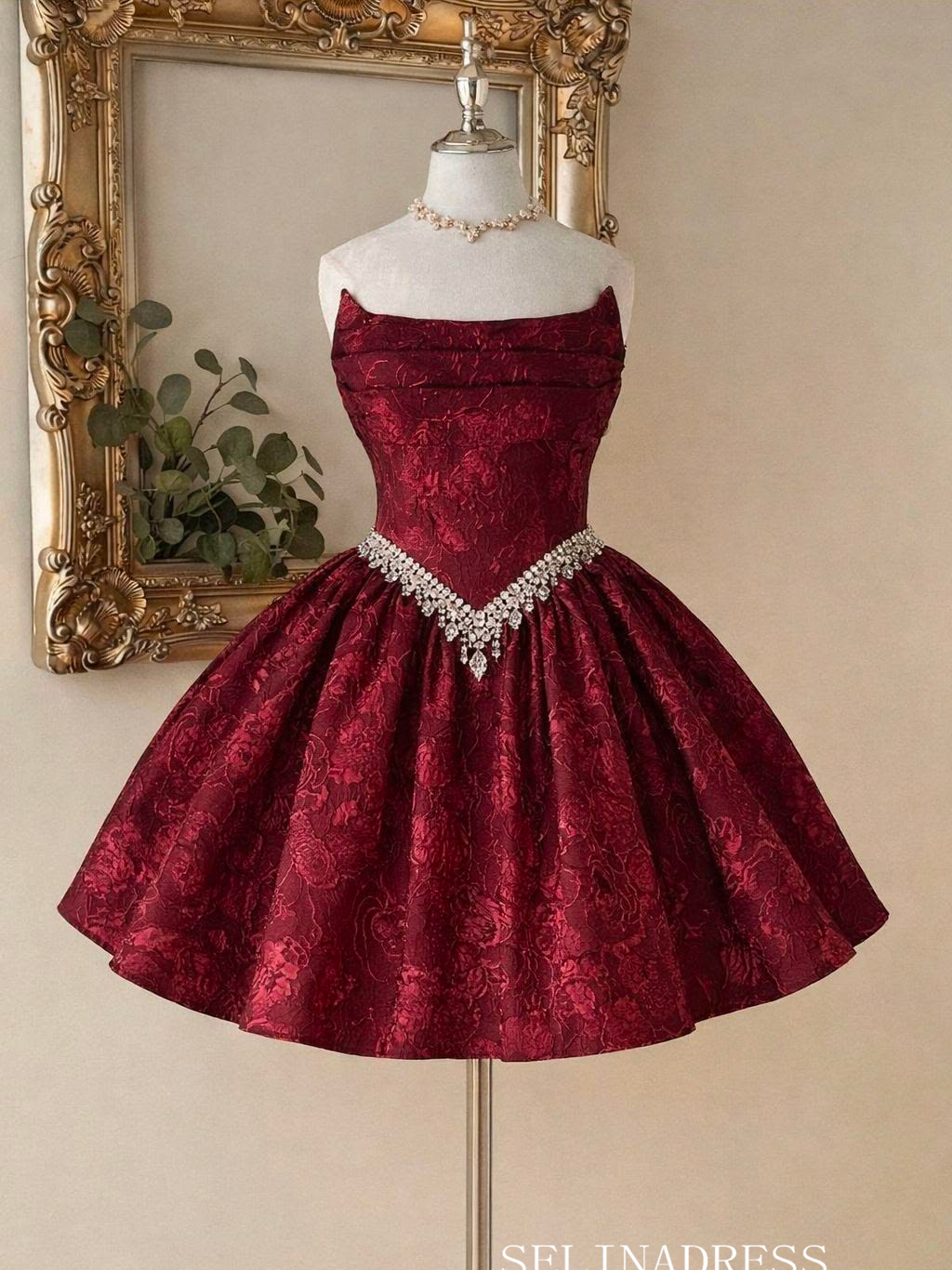 Elegant Wine Red Floral Brocade Mini Prom Dress with Crystal-Embellished Waist‌ cok068|Selinadress