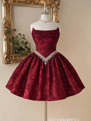 Elegant Wine Red Floral Brocade Mini Prom Dress with Crystal-Embellished Waist‌ cok068|Selinadress
