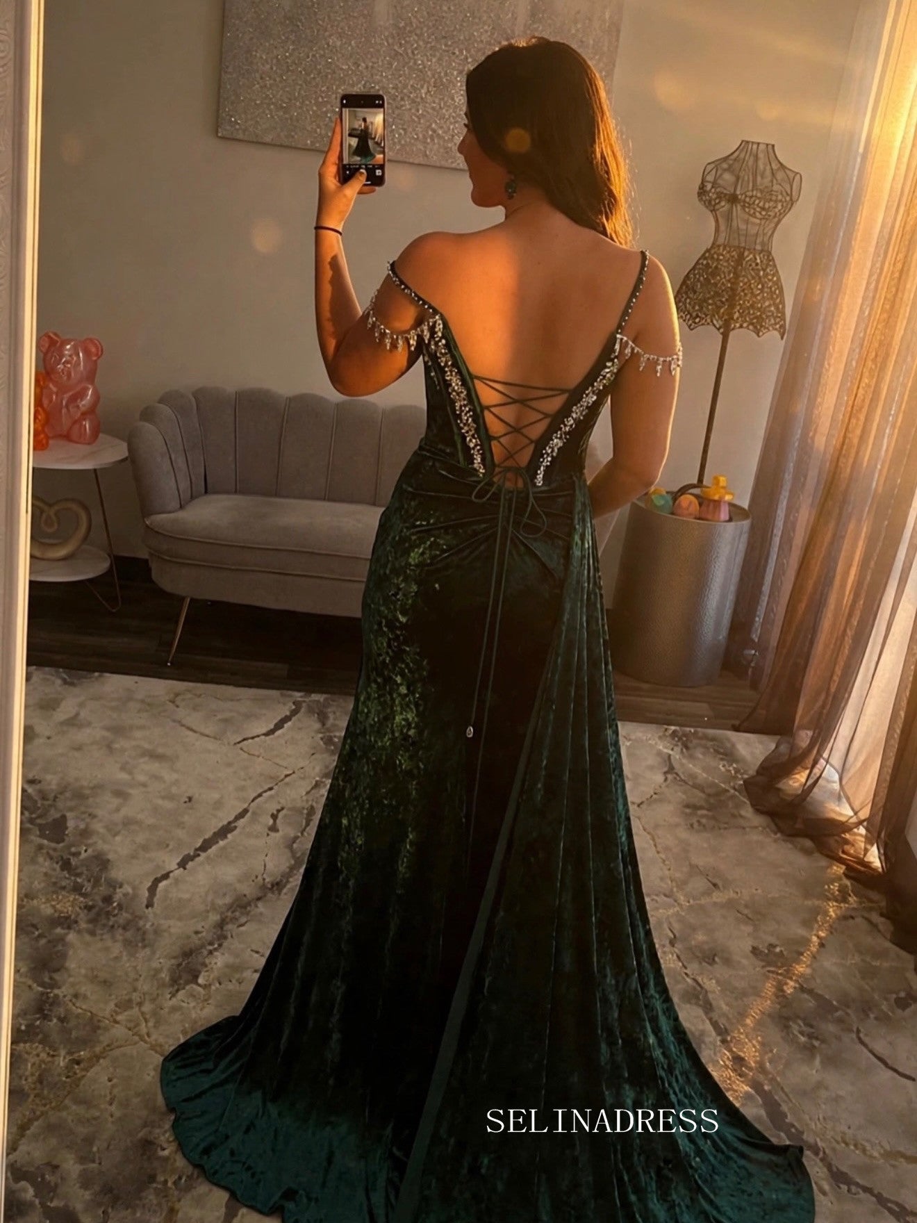 Emerald Green Velvet Evening Gown with Crystal Embellishments and Thigh-High Slit COK047|Selinadress