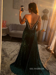 Emerald Green Velvet Evening Gown with Crystal Embellishments and Thigh-High Slit COK047|Selinadress