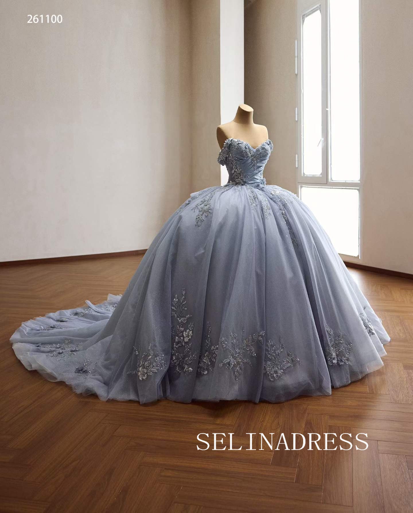 Enchanting Blue Ball Gown with Intricate Floral Embroidery and Dramatic Bow Accents 261120|Selinadress