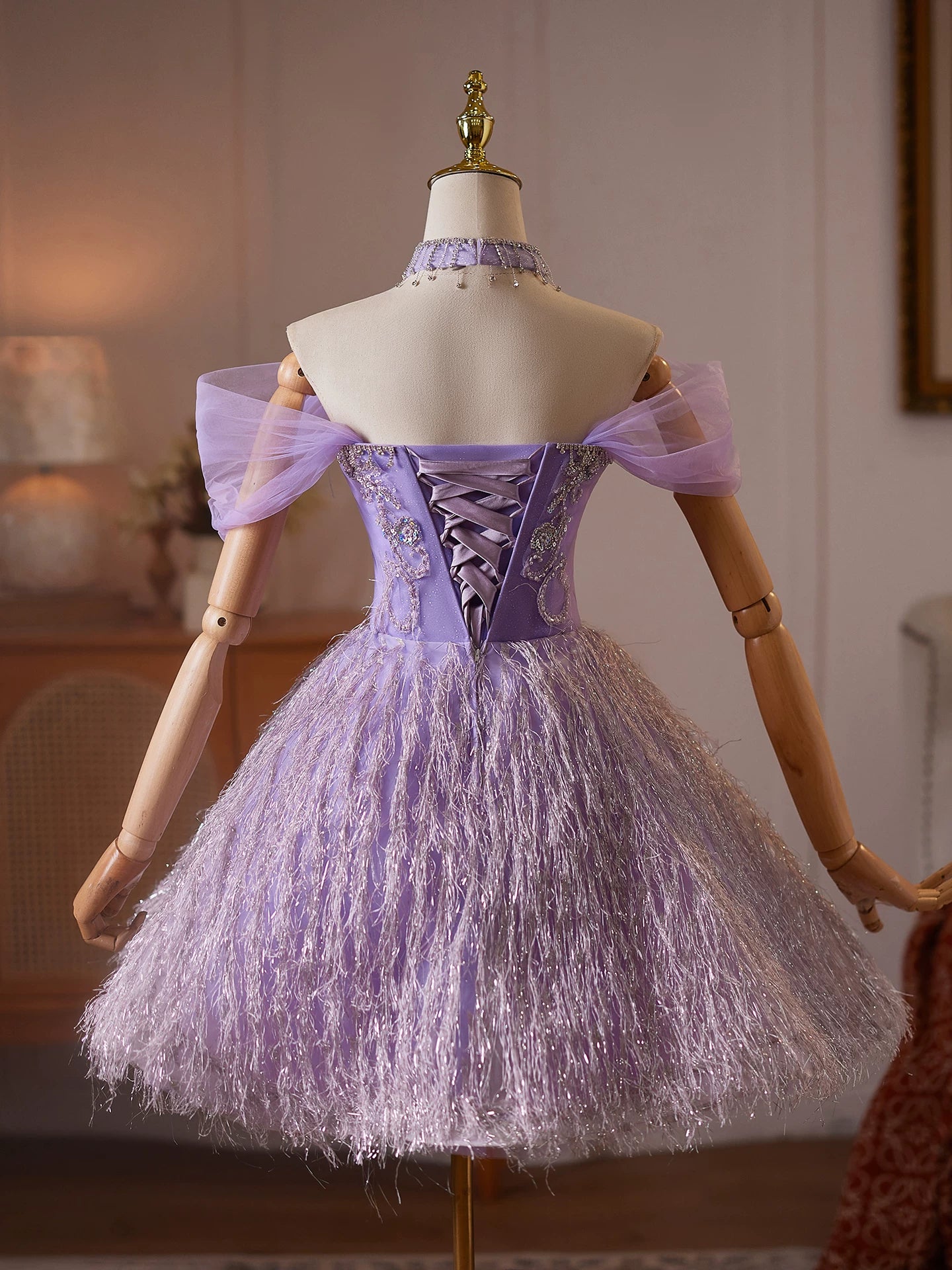 Enchanting Lavender Tulle Mini Dress with Beaded Bodice and Feather-Like Skirt TYL065|Selinadress