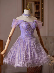 Enchanting Lavender Tulle Mini Dress with Beaded Bodice and Feather-Like Skirt TYL065|Selinadress