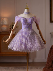 Enchanting Lavender Tulle Mini Dress with Beaded Bodice and Feather-Like Skirt TYL065|Selinadress